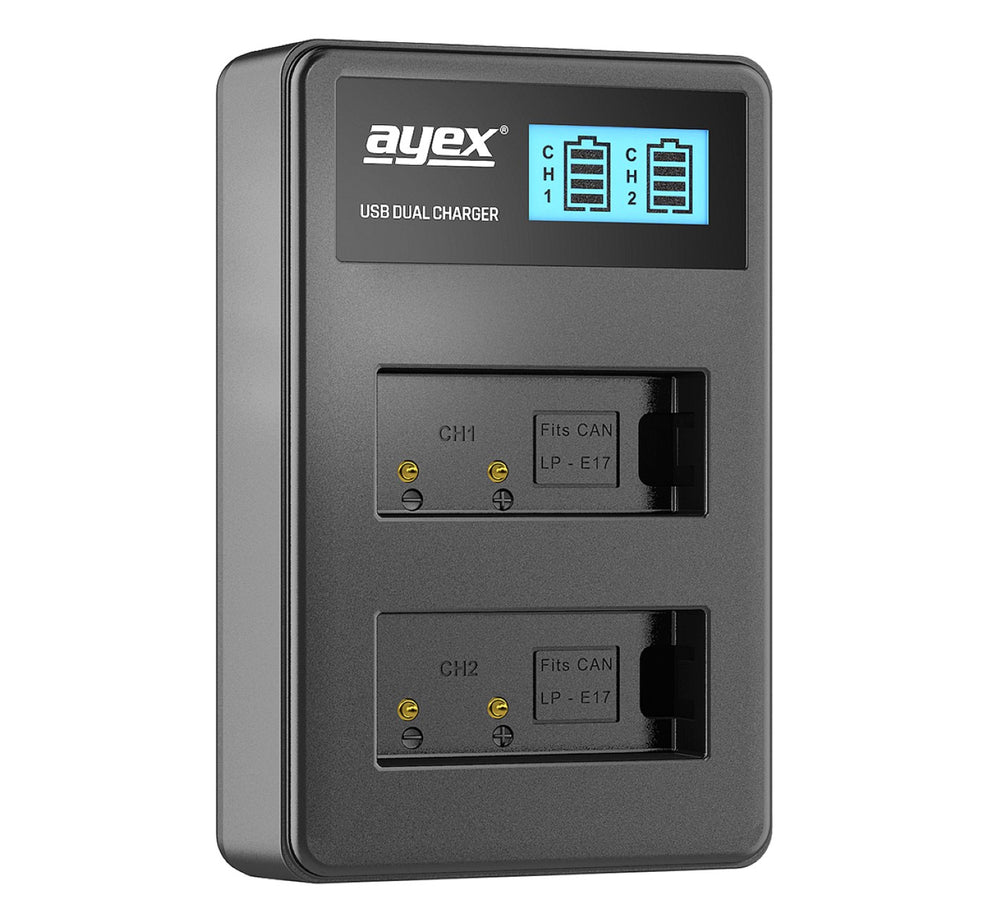 USB Dual Ladegerät für Canon LP-E17 Akkus beleuchtetes Display Ladestandanzeige