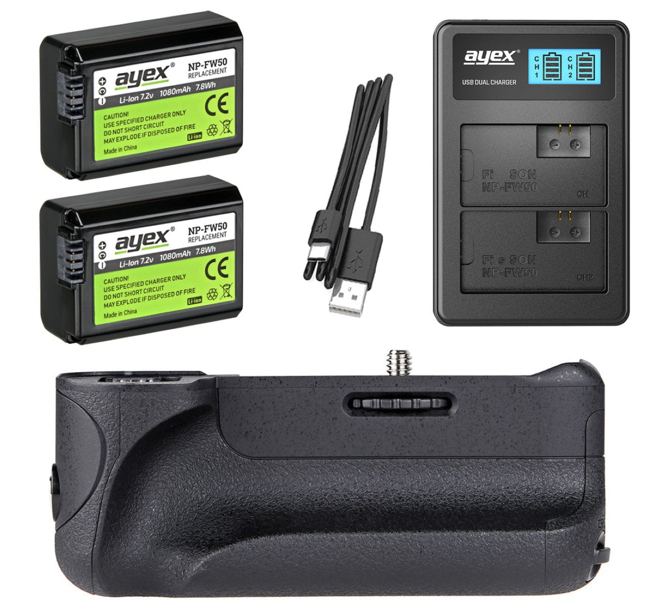Batteriegriff Set für Sony Alpha A6500 + 2x NP-FW50 Akku + 1x USB Dual Ladegerät