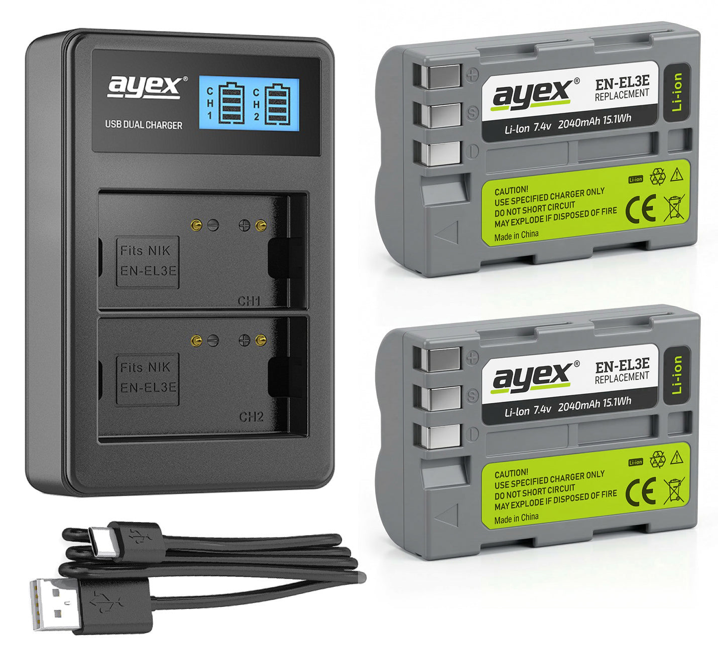 ayex Power Set mit 2x EN-EL3E Akku + 1x USB Dual Ladegerät für z.B. Nikon D700 D300s D200 D100 D90