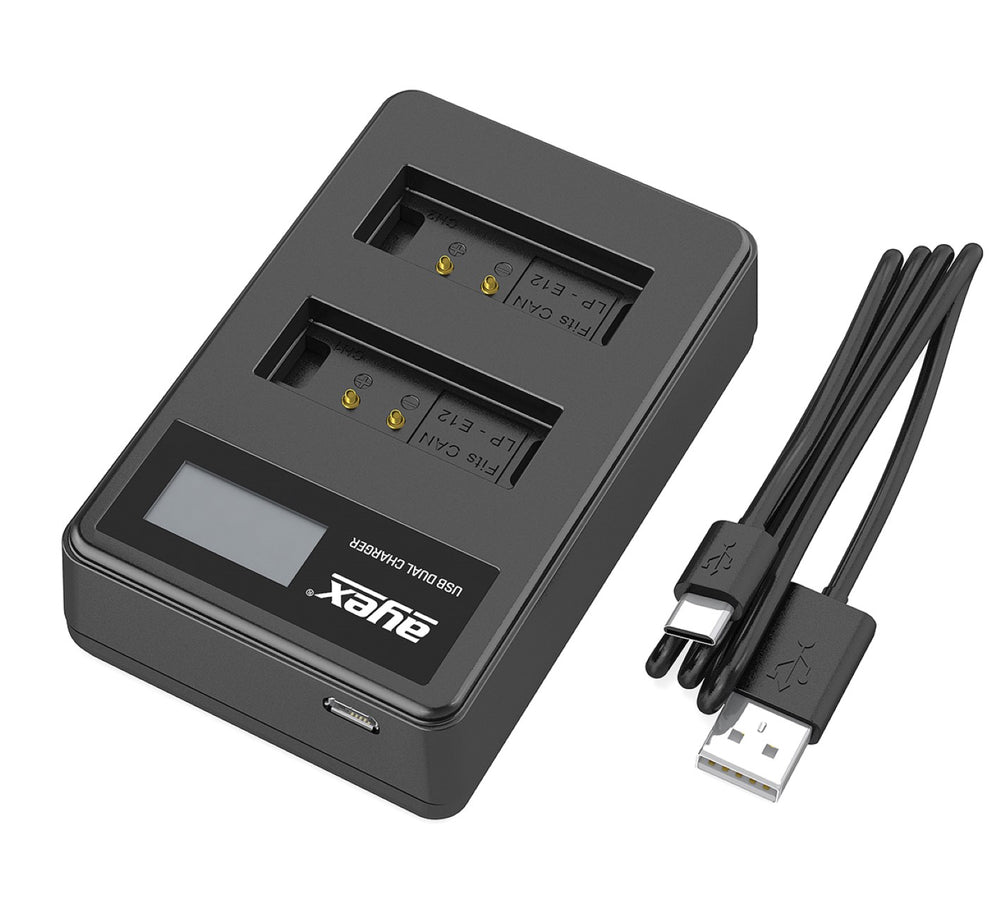 USB Dual Ladegerät für Canon LP-E12 Akkus beleuchtetes Display Ladestandanzeige