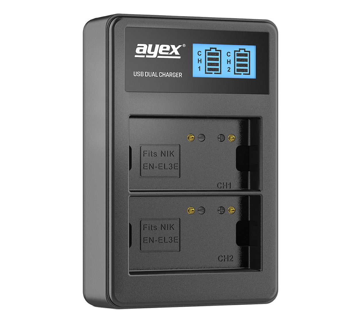 USB Dual Ladegerät für Nikon EN-EL3e Akkus beleuchtetes Display Ladestandanzeige