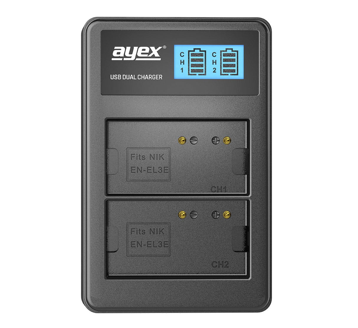 USB Dual Ladegerät für Nikon EN-EL3e Akkus beleuchtetes Display Ladestandanzeige