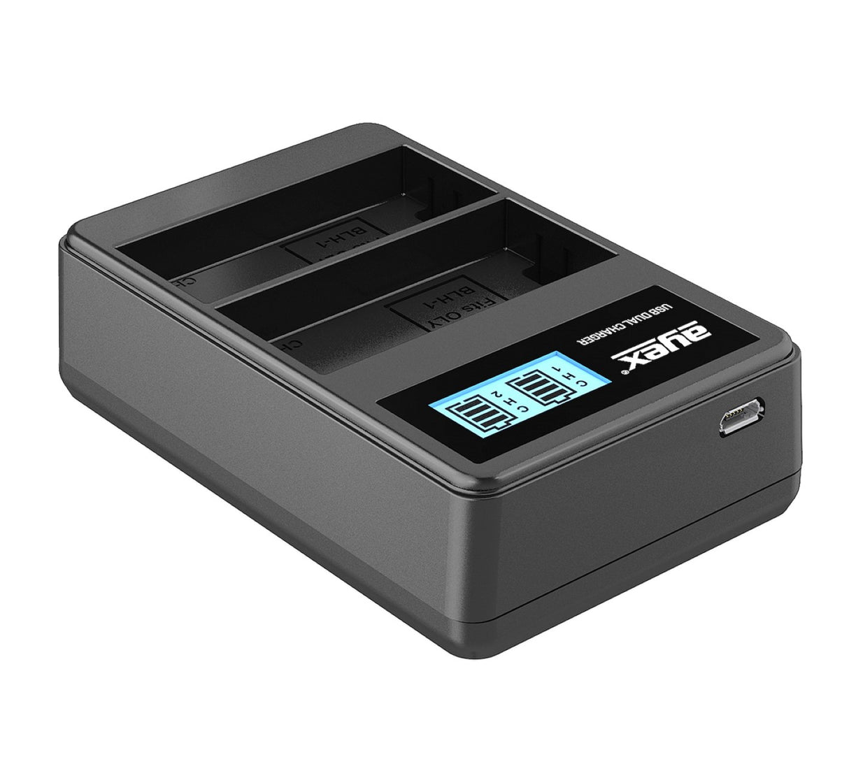 USB Dual Ladegerät für Olympus BLH-1 Akkus beleuchtetes Display Ladestandanzeige