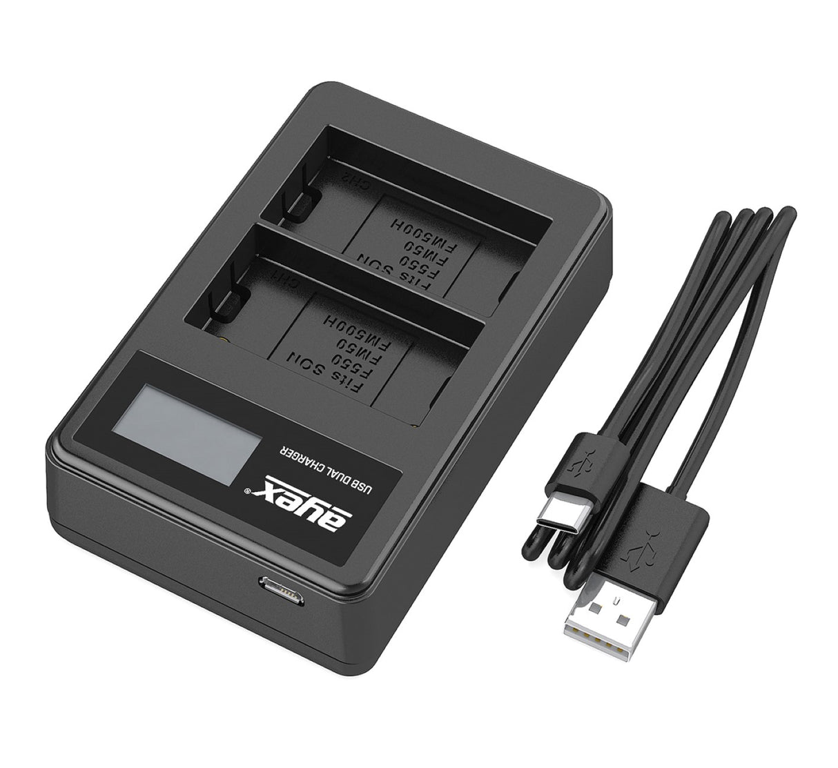 USB Dual Ladegerät für Sony NP-F550 NP-FM550H NP-FM50 Akkus beleuchtetes Display Ladestandanzeige