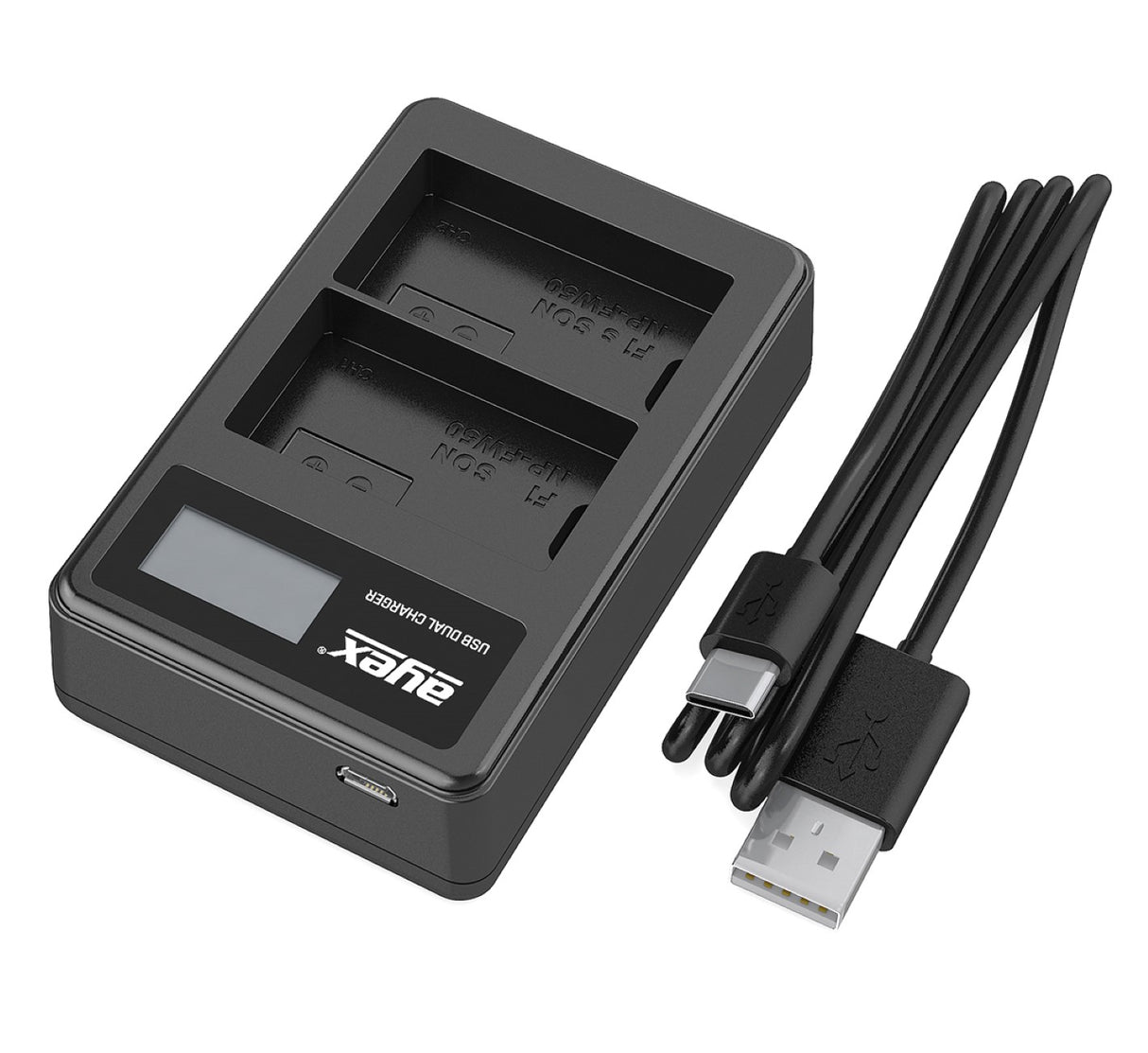 USB Dual Ladegerät für Sony NP-FW50 Akkus beleuchtetes Display Ladestandanzeige