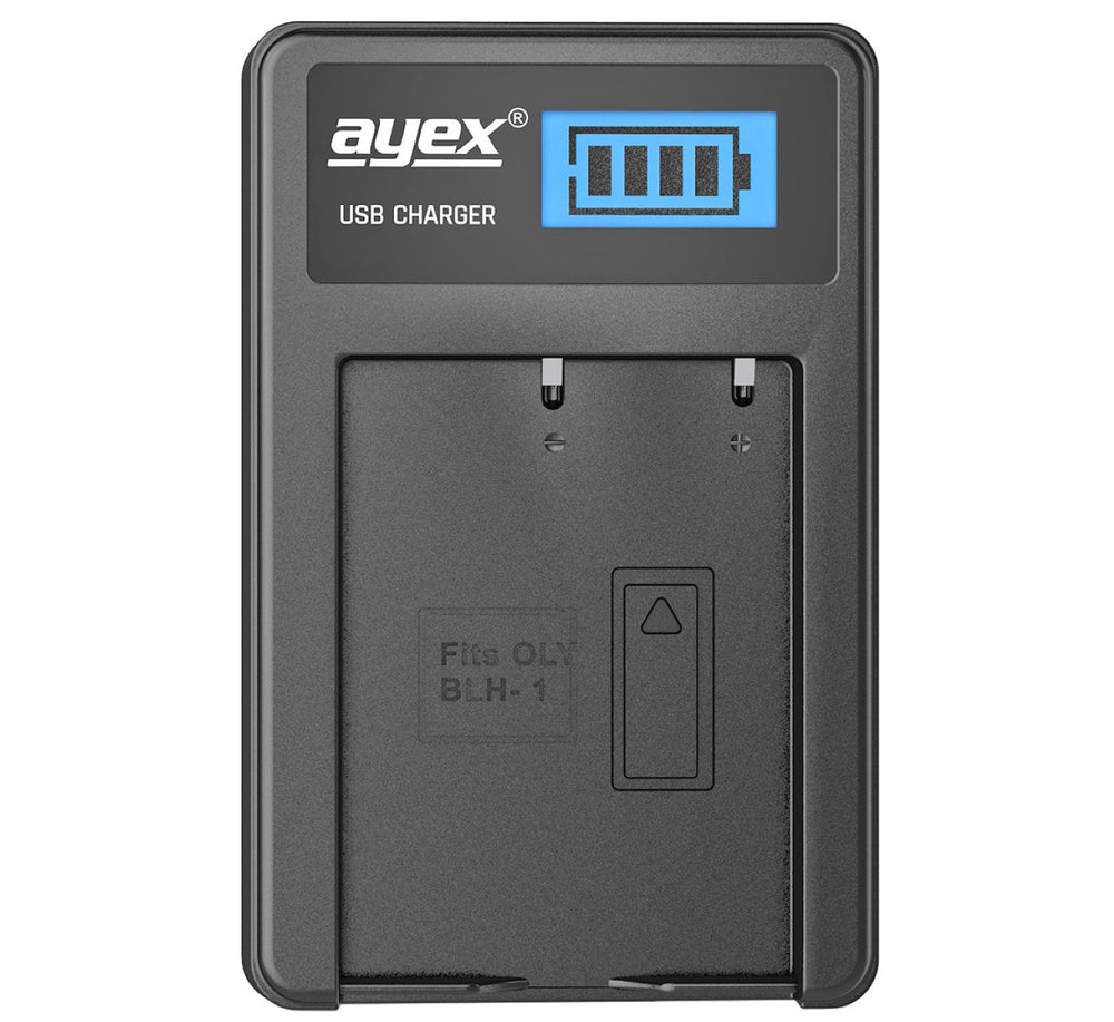USB Ladegerät für Olympus BLH1 Akkus beleuchtetes Display Ladestandanzeige