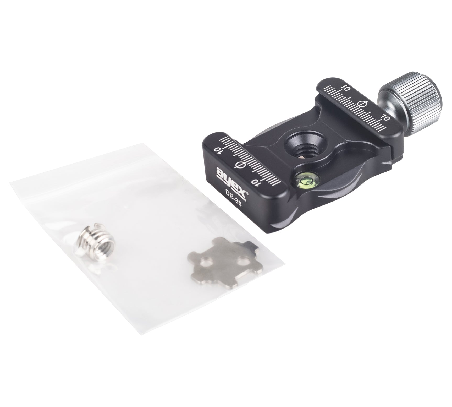 ayex Universale QR-Klemme Schnellspannklemme 3/8" Zoll + 1/4" Zoll Adapter Arca-Swiss kompatibel präzise eloxiertes Aluminium 38mm breit DE-38