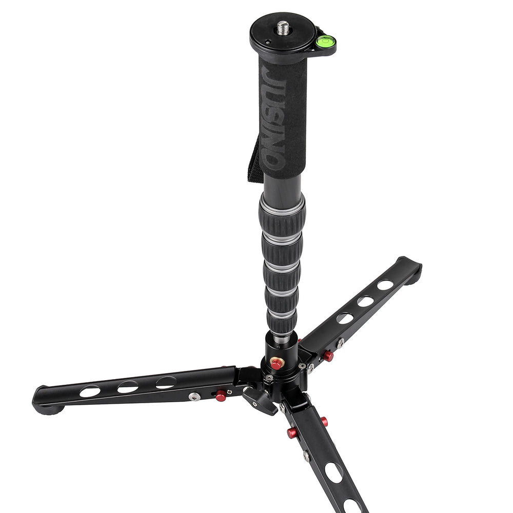JUSINO Leichtes Karbon-Monopod bis 140cm/18kg ausklappbare Standspinne Kugelgelenk Tischstativ-Funktion