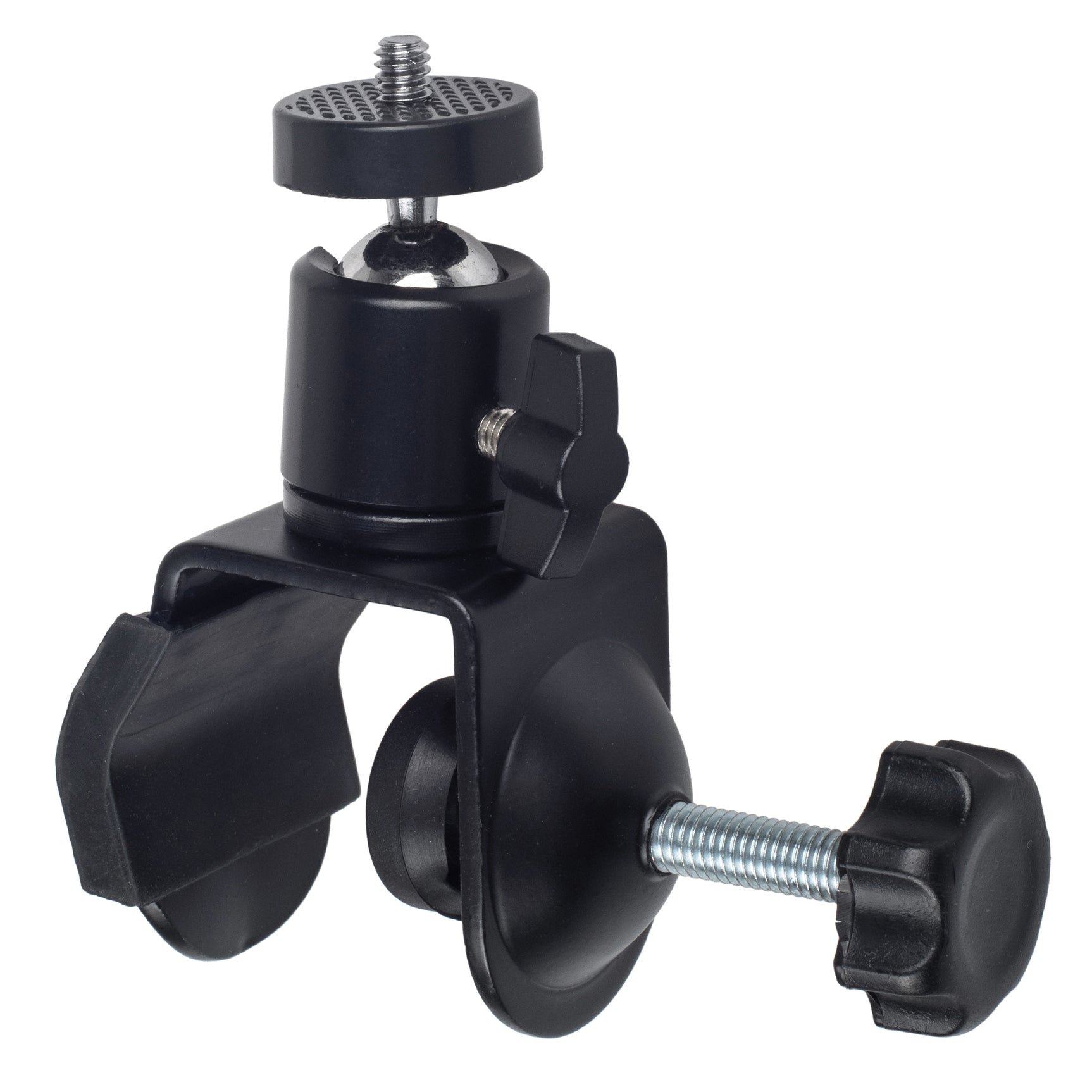 Stativklemme mit Kugelkopf & drehbaren 1/4 Zoll Mount bis 4 cm Rohrdurchmesser gummiert