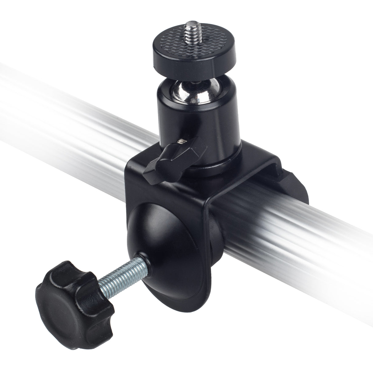 Stativklemme mit Kugelkopf & drehbaren 1/4 Zoll Mount bis 4 cm Rohrdurchmesser gummiert