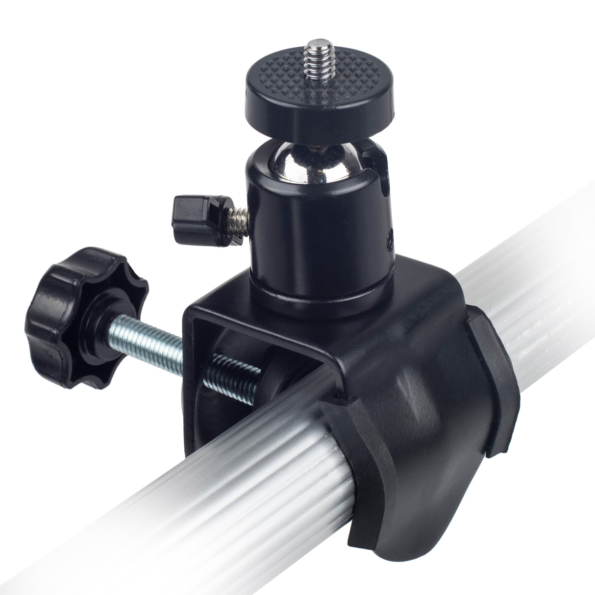 Stativklemme mit Kugelkopf & drehbaren 1/4 Zoll Mount bis 4 cm Rohrdurchmesser gummiert