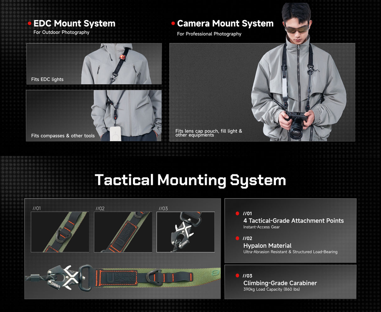 VSGO Black Snipe Urban Kamera-Gurt (Q-Black) – mit Quick-Release, Anti-Twist & Handgurt-Set