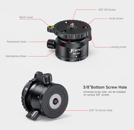 JUSINO Stativ-Nivellierbasis Neigekopf mit 360° Panorama-Funktion und ±15° Neigung PD-60