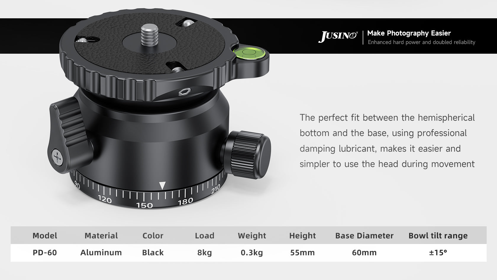 JUSINO Stativ-Nivellierbasis Neigekopf mit 360° Panorama-Funktion und ±15° Neigung PD-60