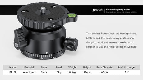 JUSINO Stativ-Nivellierbasis Neigekopf mit 360° Panorama-Funktion und ±15° Neigung PD-60