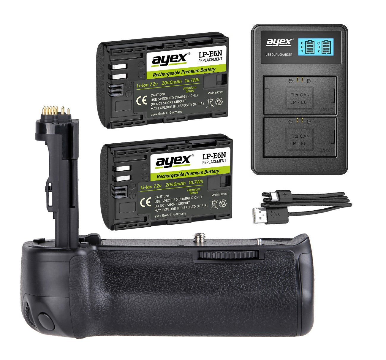 Batteriegriff Set für Canon EOS 90D 80D 70D + 2x LP-E6N Akku + 1x USB Dual Ladegerät wie BG-E14