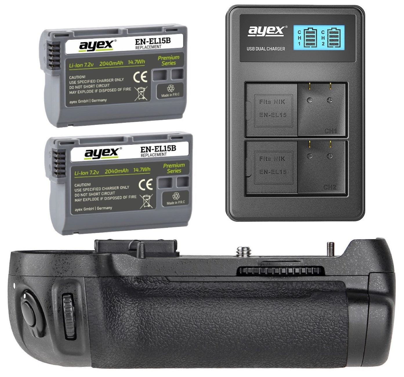 Batteriegriff Set für Nikon D800 D810 wie MB-D12 + 2x EN-EL15B Akku + 1x USB Dual Ladegerät