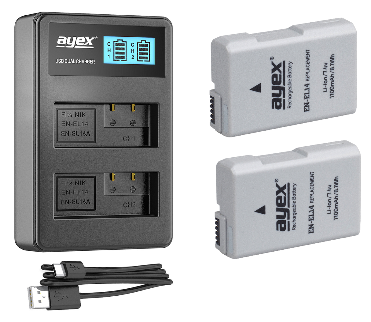 ayex Power Set mit 2x EN-EL14 Akku + 1x USB Dual Ladegerät für zB. Nikon P7700 P7100 D5100 D3200
