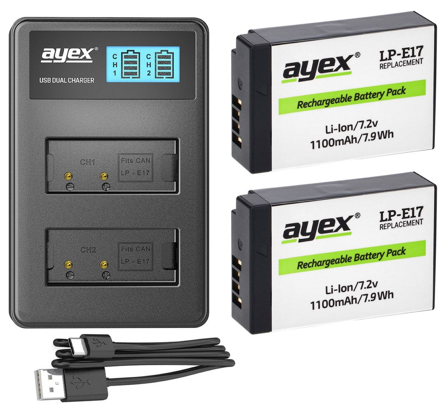 ayex Power Set mit 2x LP-E17 Akku + 1x USB Dual Ladegerät für Canon EOS 800D 760D 200D 77D M6