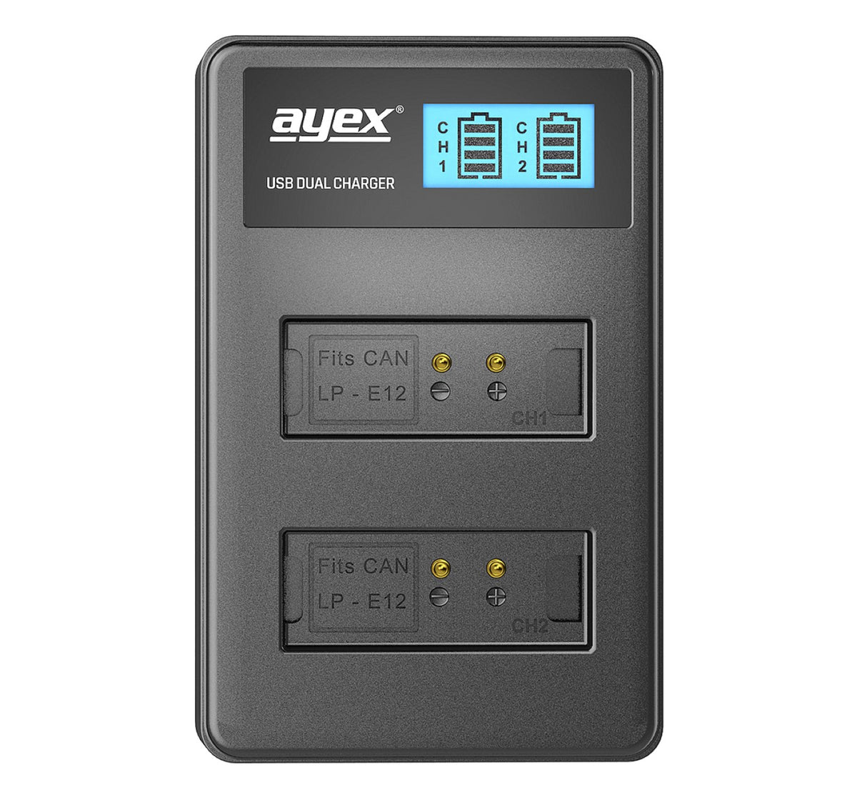 USB Dual Ladegerät für Canon LP-E12 Akkus beleuchtetes Display Ladestandanzeige
