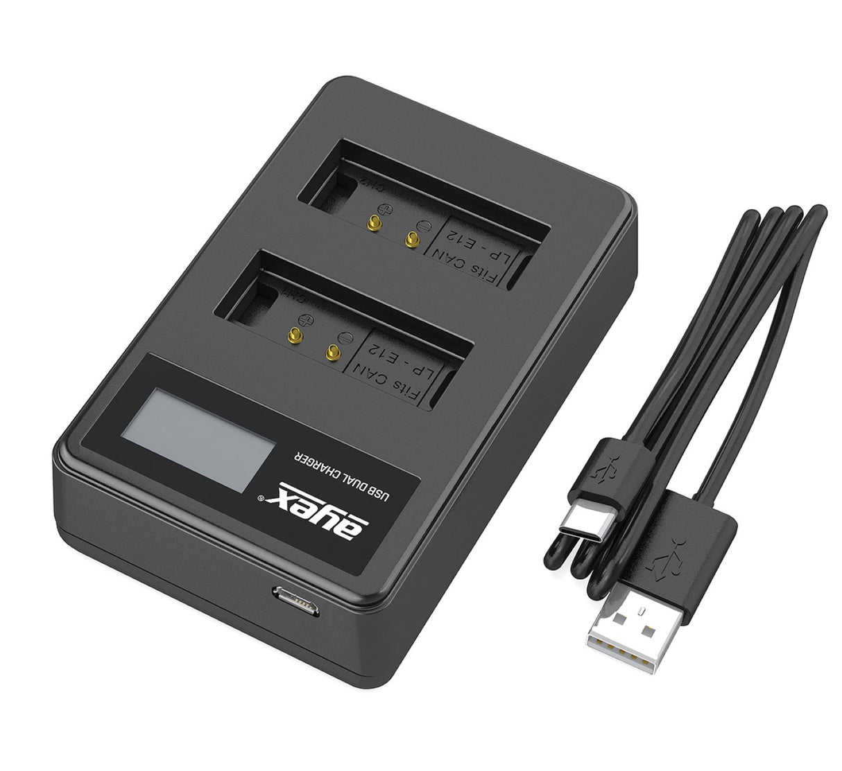 USB Dual Ladegerät für Canon LP-E12 Akkus beleuchtetes Display Ladestandanzeige