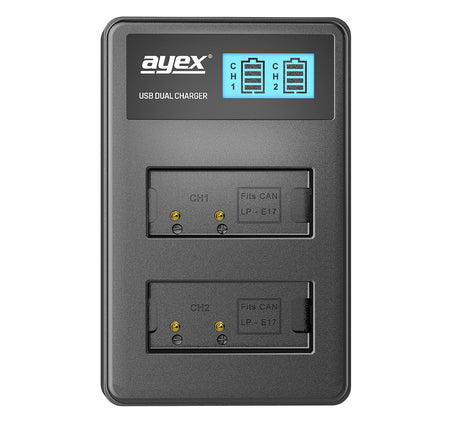 USB Dual Ladegerät für Canon LP-E17 Akkus beleuchtetes Display Ladestandanzeige