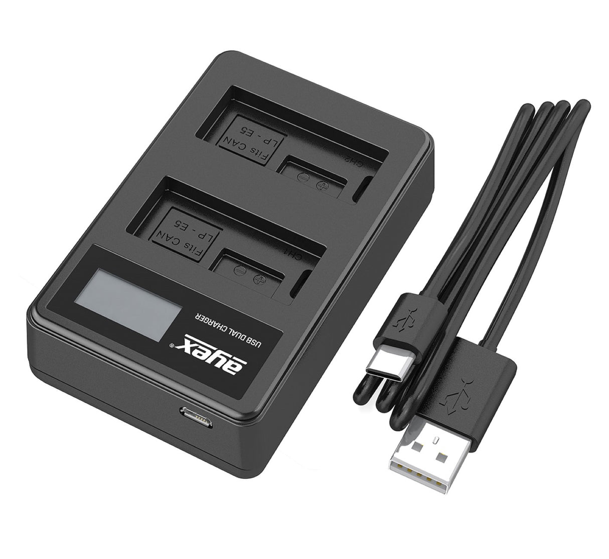 USB Dual Ladegerät für Canon LP-E5 Akkus beleuchtetes Display Ladestandanzeige