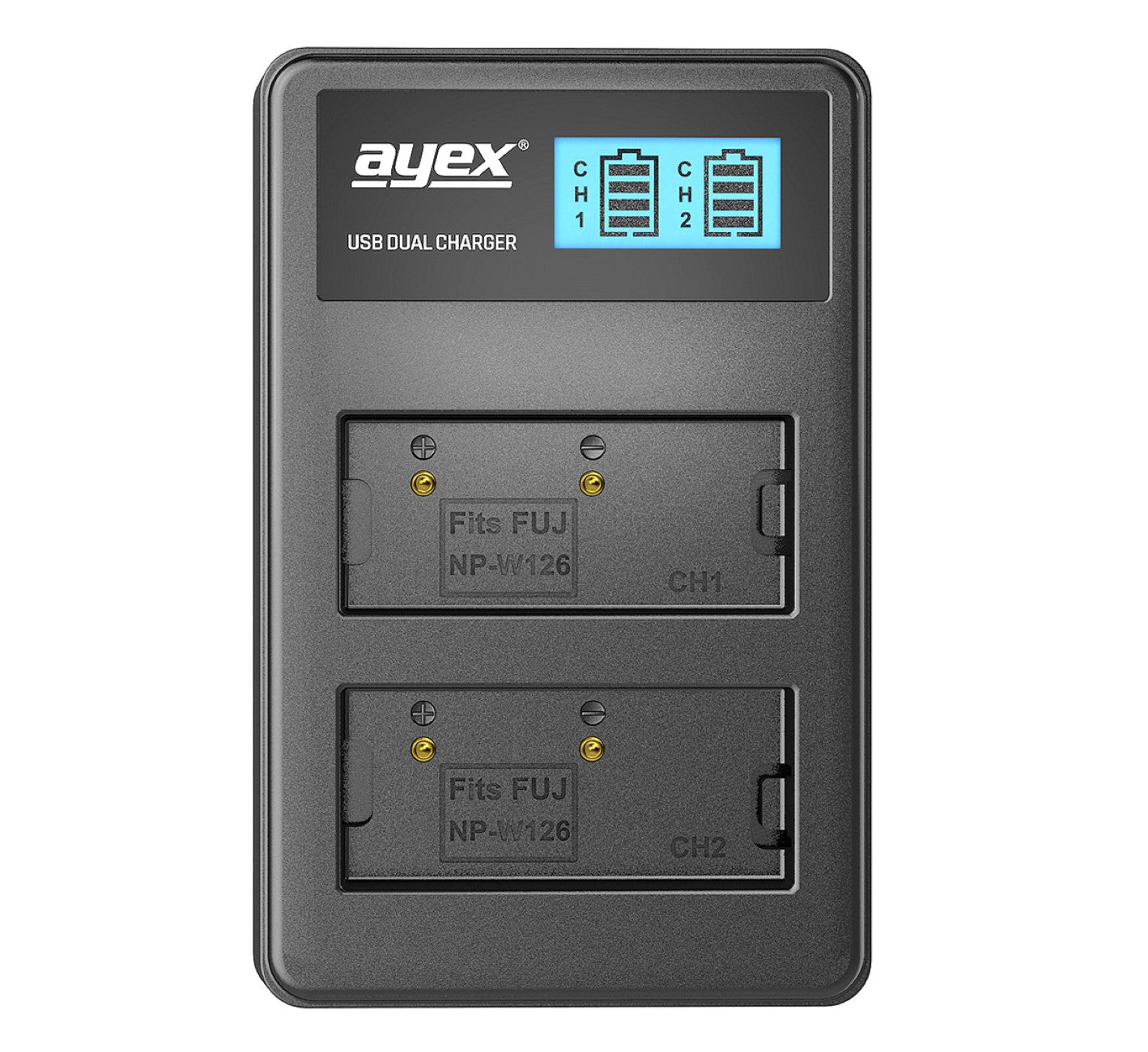 USB Dual Ladegerät für Fujifilm NP-W126 Akkus beleuchtetes Display Ladestandanzeige