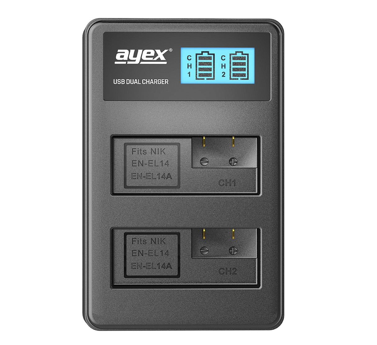 USB Dual Ladegerät für Nikon EN-EL14 Akkus beleuchtetes Display Ladestandanzeige