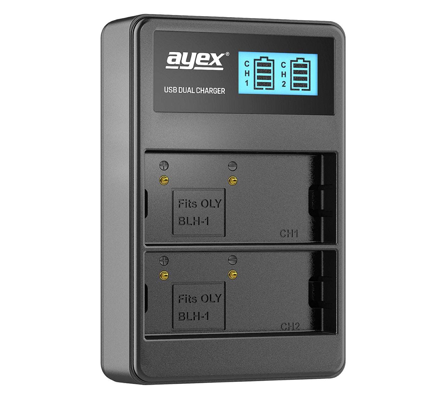 USB Dual Ladegerät für Olympus BLH-1 Akkus beleuchtetes Display Ladestandanzeige
