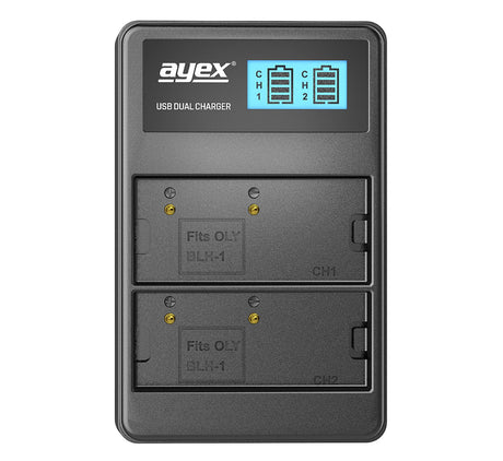 USB Dual Ladegerät für Olympus BLH-1 Akkus beleuchtetes Display Ladestandanzeige