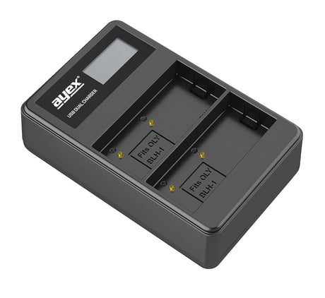 USB Dual Ladegerät für Olympus BLH-1 Akkus beleuchtetes Display Ladestandanzeige