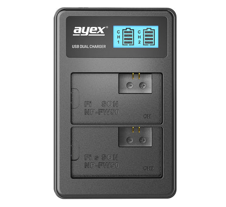 USB Dual Ladegerät für Sony NP-FW50 Akkus beleuchtetes Display Ladestandanzeige