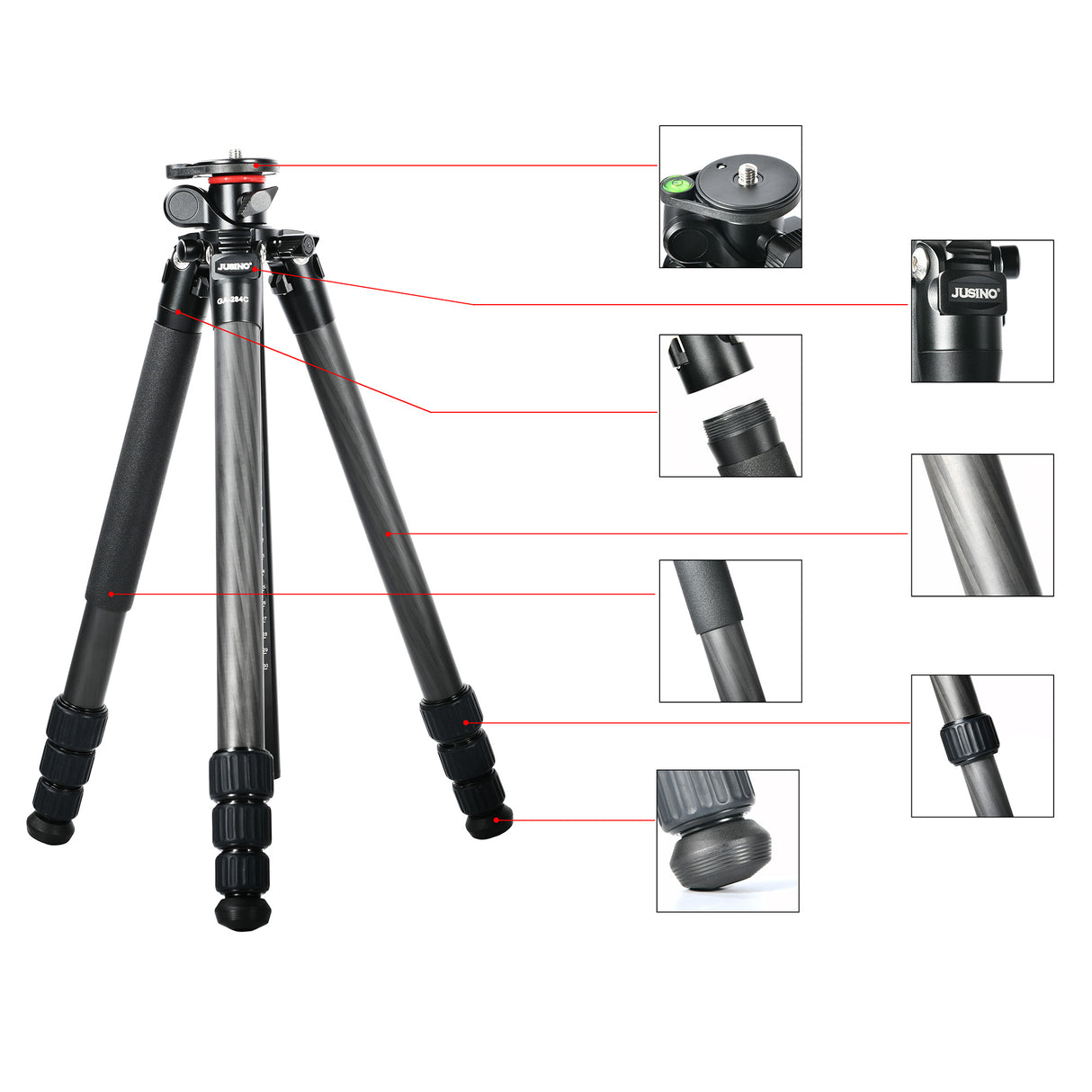 JUSINO Flexibles Karbon-Stativ max. 170cm bis 18Kg belastbar neigbare & entfernbare Mittelsäule