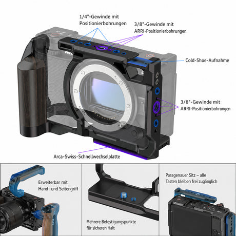 ayex Kamera-Cage kompatibel mit Nikon ZR mit Holzoptik-Griff und Arca-Profil