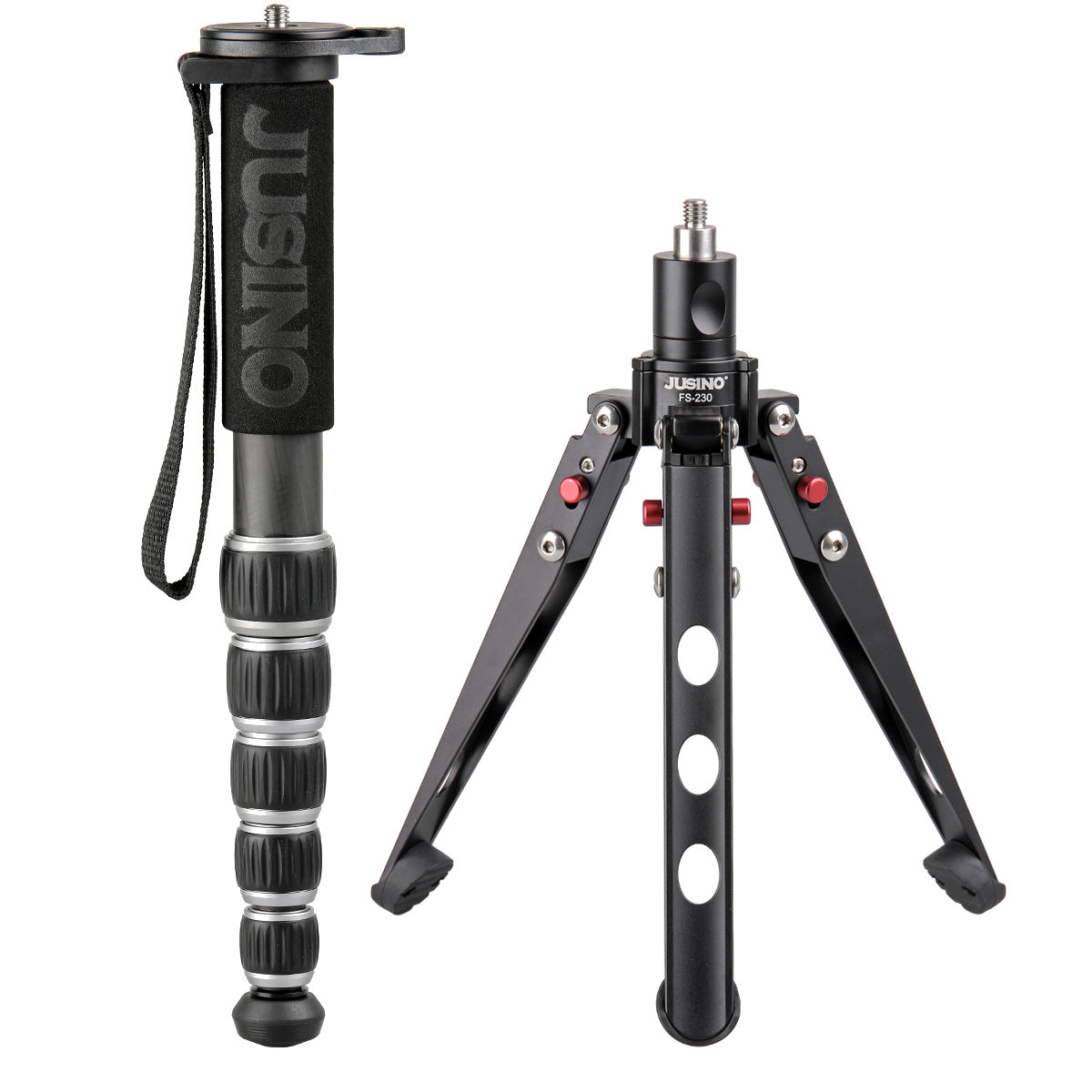 JUSINO Leichtes Karbon-Monopod bis 140cm/18kg ausklappbare Standspinne Kugelgelenk Tischstativ-Funktion