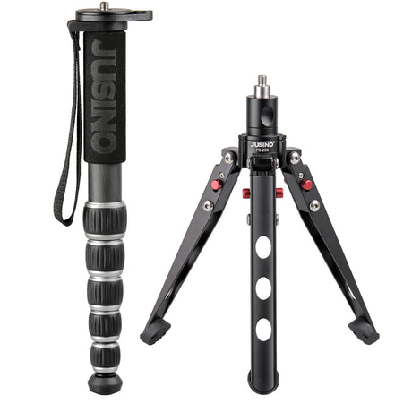 JUSINO Leichtes Karbon-Monopod bis 140cm/18kg ausklappbare Standspinne Kugelgelenk Tischstativ-Funktion