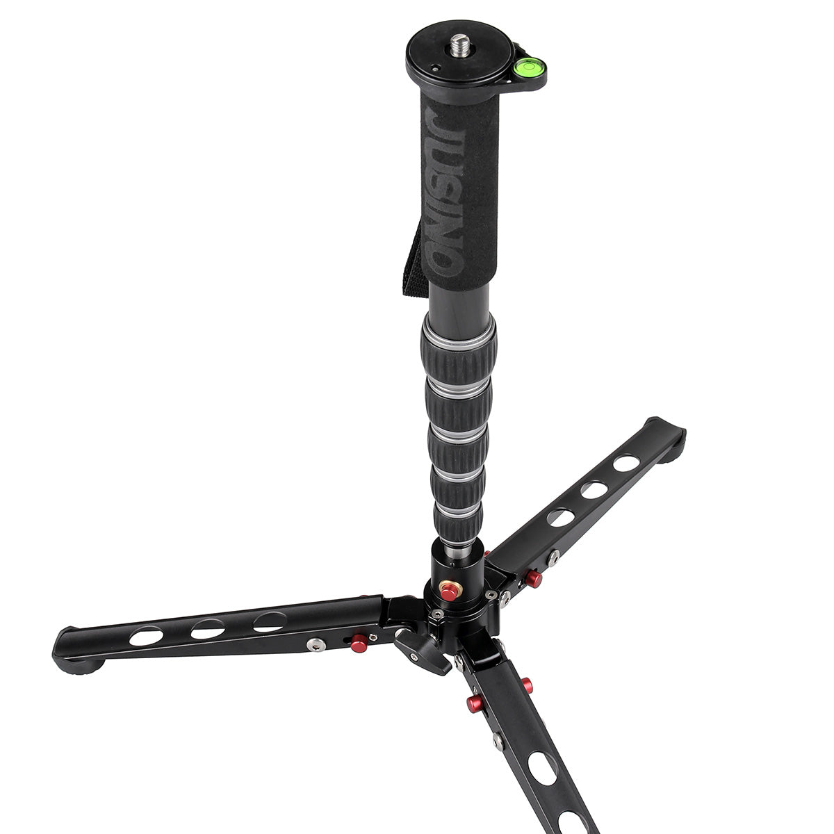 JUSINO Leichtes Karbon-Monopod bis 140cm/18kg ausklappbare Standspinne Kugelgelenk Tischstativ-Funktion