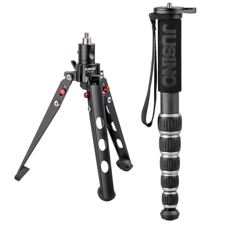 JUSINO Leichtes Karbon-Monopod bis 140cm/18kg ausklappbare Standspinne Kugelgelenk Tischstativ-Funktion