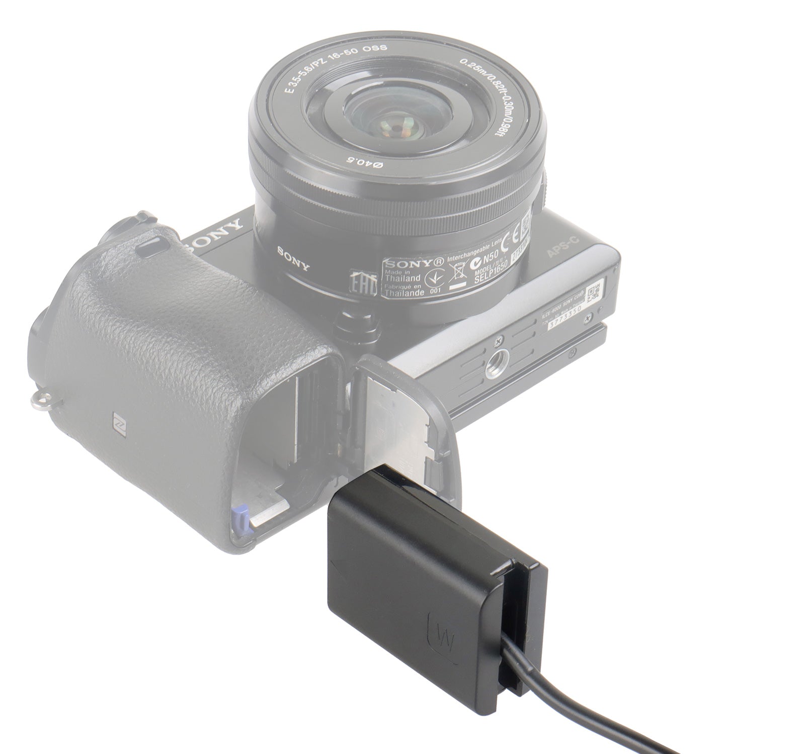 DC-Coupler für Sony Kameras mit NP-FW50 Akku-Dummy für permanente Stromversorgung über z.B. V-Mount Akku