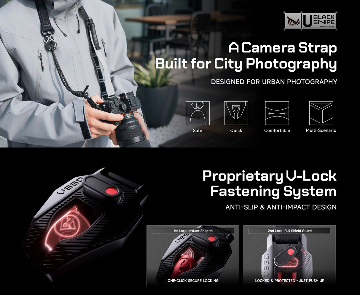 VSGO Black Snipe Urban Kamera-Gurt (Q-Black) – mit Quick-Release, Anti-Twist & Handgurt-Set
