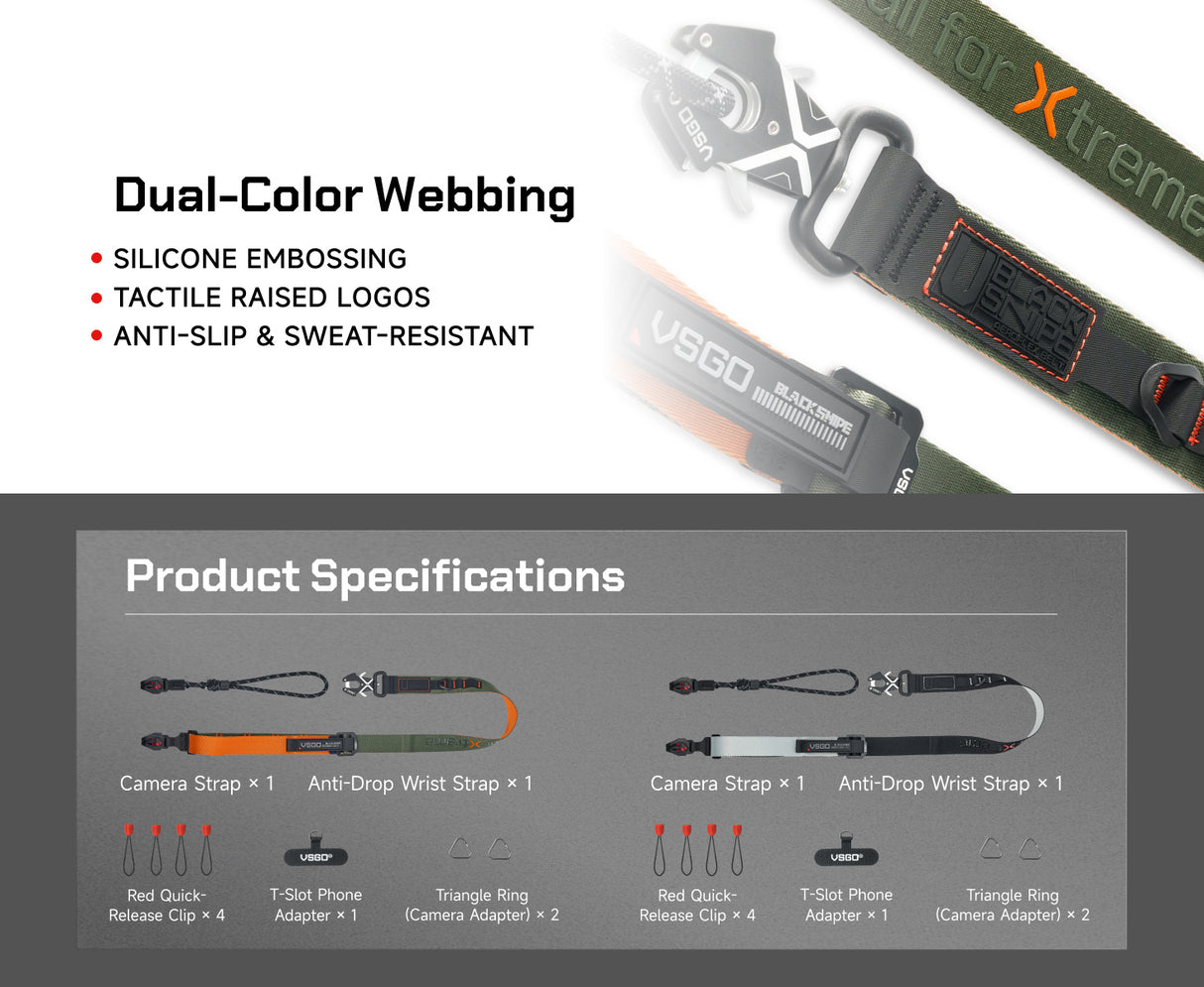 VSGO Black Snipe Urban Kamera-Gurt (Q-Black) – mit Quick-Release, Anti-Twist & Handgurt-Set