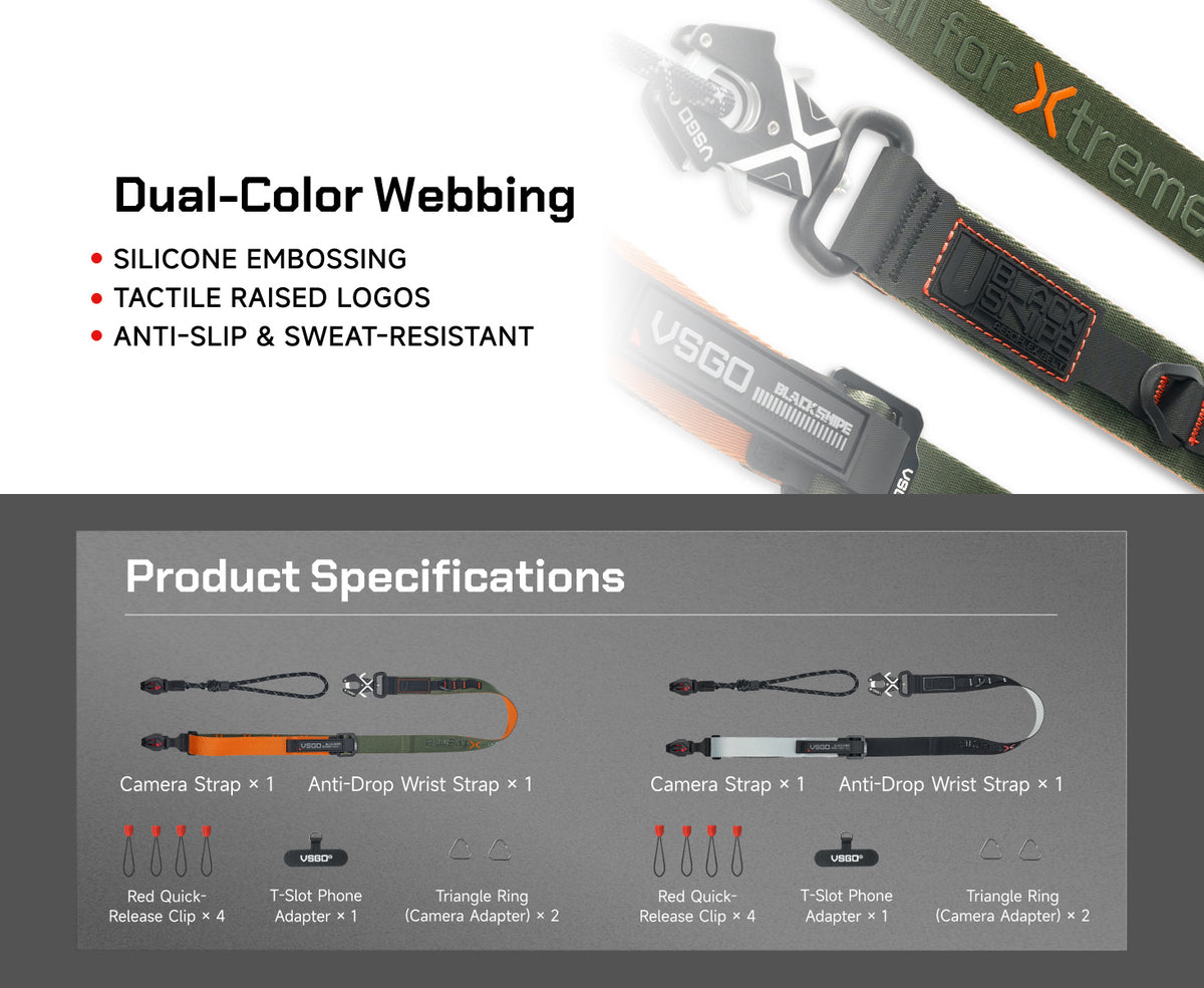 VSGO Black Snipe Urban Kamera-Gurt (Q-Black) mit Quick-Release Anti-Twist & Handgurt-Set
