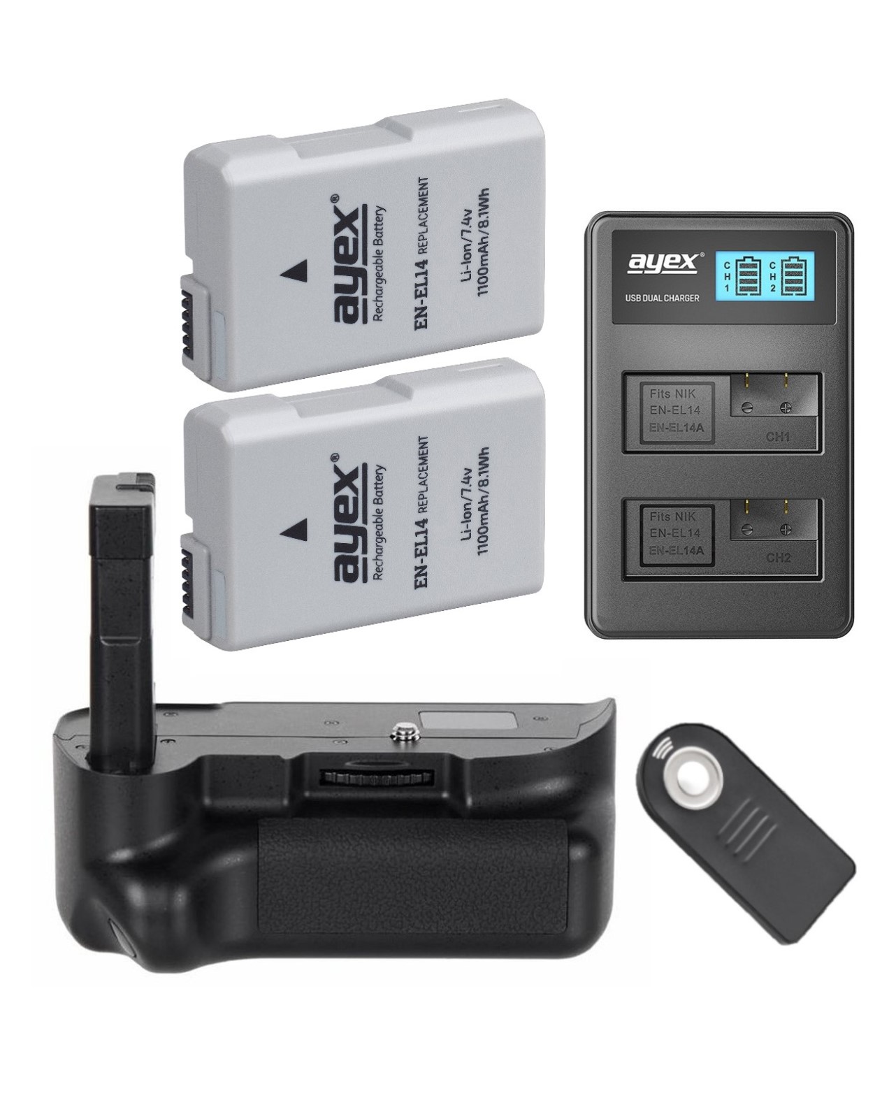 ayex Batteriegriff Set für Nikon D5100 D5200 + IR-Fernauslöser + 2x EN-EL14 Akku + 1x USB Dual Ladegerät