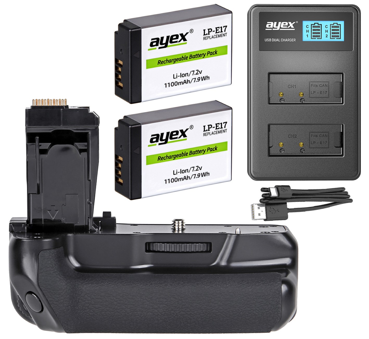 ayex Batteriegriff Set für Canon EOS 760D 750D IX8 T6S T6I + 2x LP-E17 Akku + 1x USB Dual Ladegerät