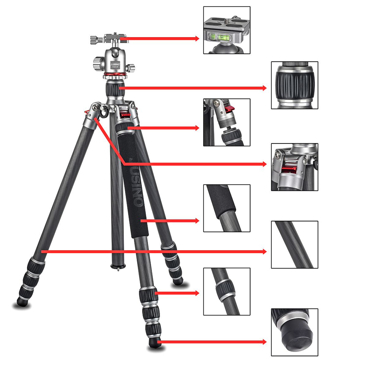 Leichtes Karbon Tripod/Monopod JUSINO TK-254C mit Kugelkopf FGS-30