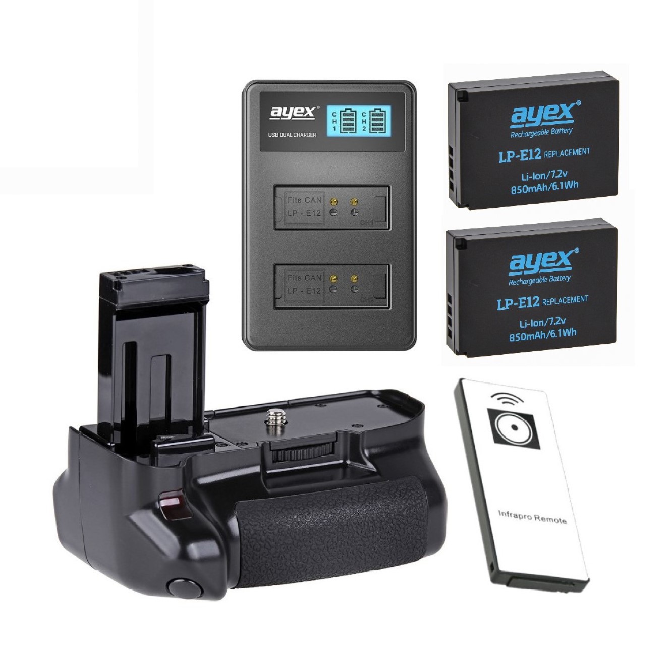 Batteriegriff Set für Canon EOS 100D + IR-Fernauslöser + 2x LP-E12 Akku + 1x USB Dual Ladegerät wie BG-100DH