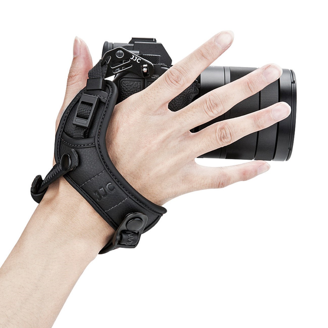 Handgelenkband für spiegellose Kameras aus weichem PU-Leder auch mit Batteriegriff nutzbar Handgelenkband für spiegellose Kameras aus weichem PU-Leder auch mit Batteriegriff nutzbar