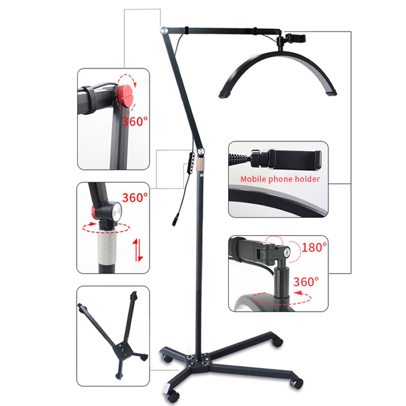 LED Halbmondlampe Beauty Light Duale Farbtemperatur 4 Räder Arm Aluminium