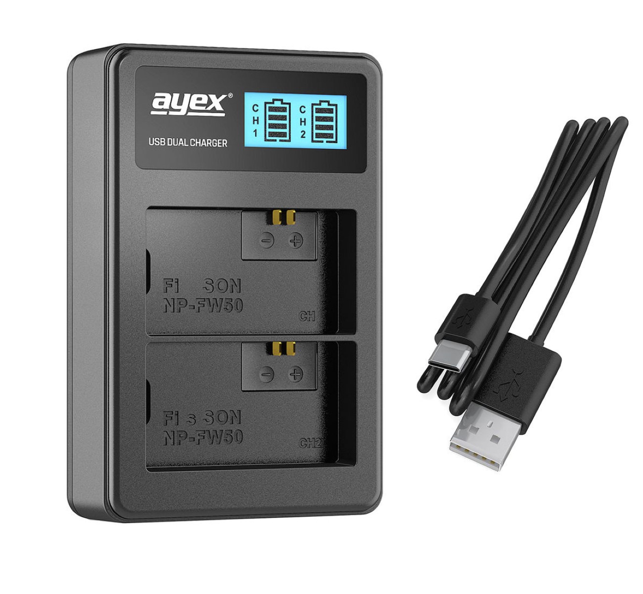 ayex Batteriegriff Set für Sony Alpha A6300 A6000 + 2x NP-FW50 Akku + 1x USB Dual Ladegerät